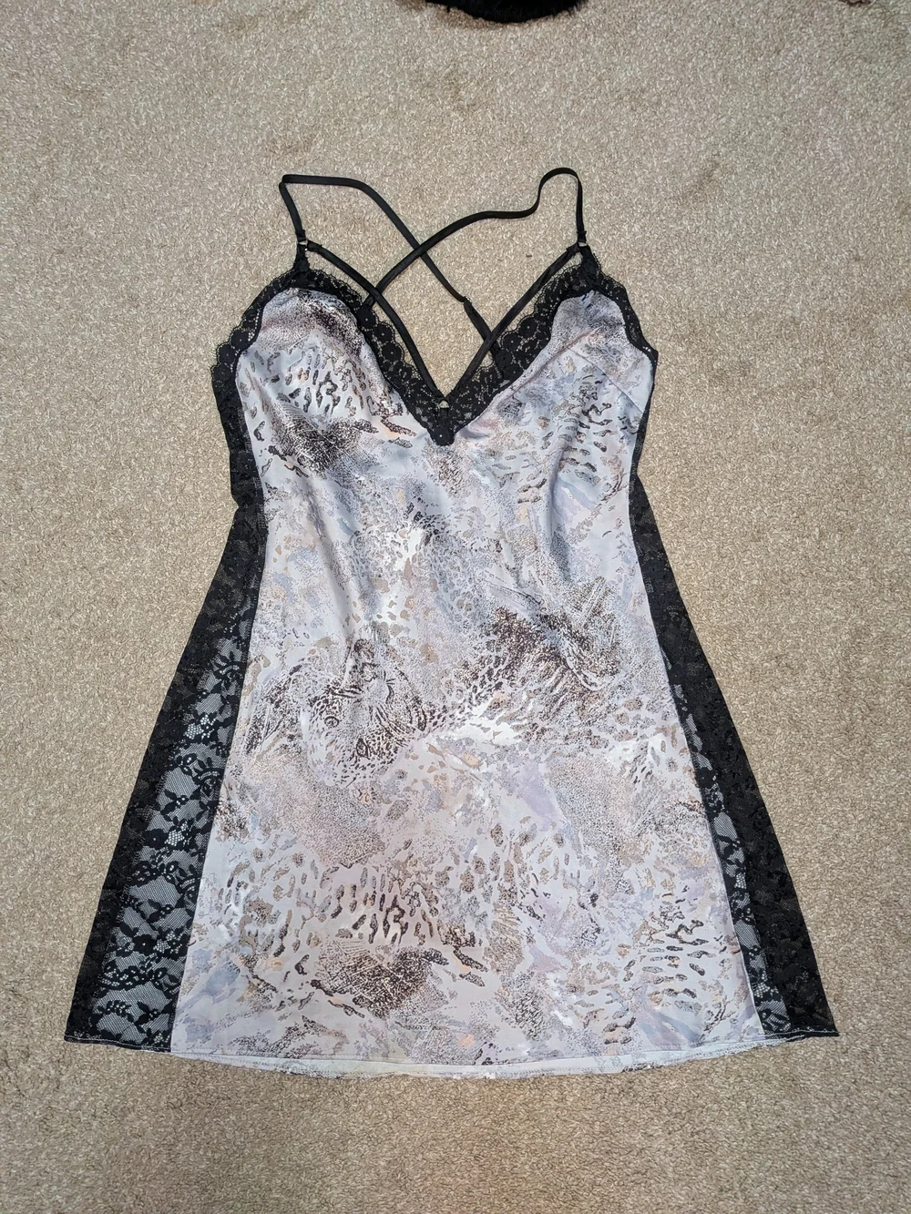 Victoria's Secret Black Lace-Trim Animal Print Slip